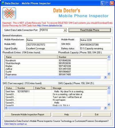 Screenshot of Cell Phone Inspector Software